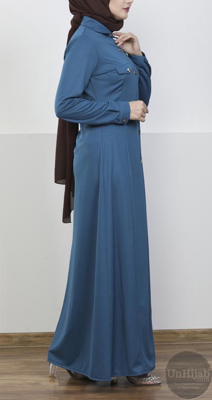 Robe Longue Boutonnée Bleu Pétrole